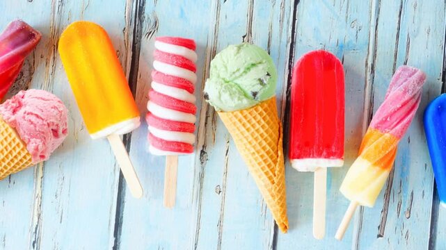 Selection of colorful summer popsicles and ice cream treats. Slow rotating zoom motion. Overhead view on a soft blue wood background.