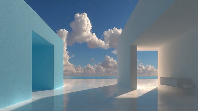 Minimalist architectural space with clean blue and white walls opens to a beautiful sky with fluffy clouds in a high resolution commercial photo