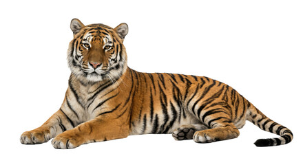 Obraz premium Majestic tiger lying down, PNG cutout on transparent background, isolated for design elements. Perfect for graphic design, isolate the animal, transparent background.
