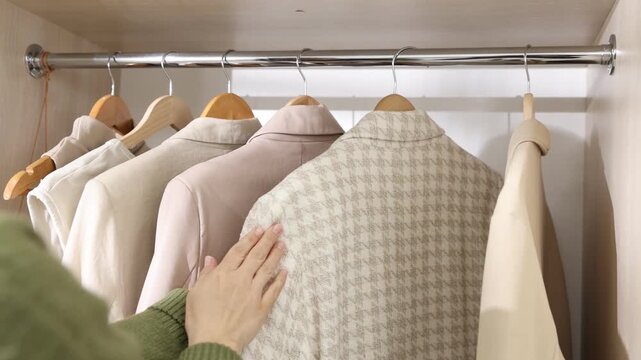 Woman looking at jacket on hanger in wardrobe indoors, closeup