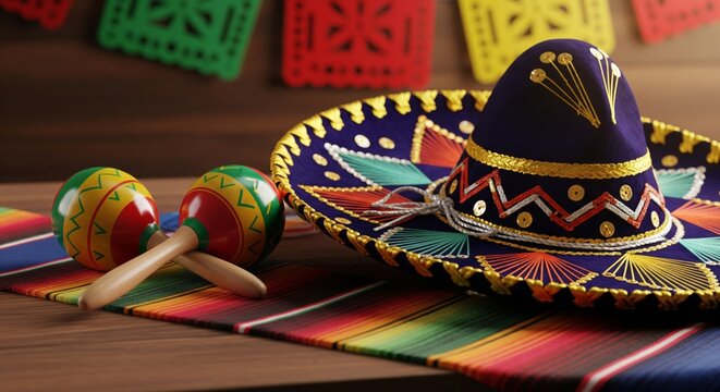 Festive Sombrero and Maracas on Colorful Serape with Paper