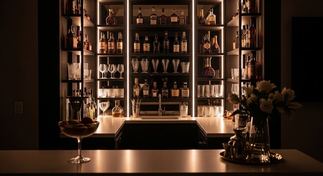 Illuminated Home Bar with Liquor Bottles and Flower Vase