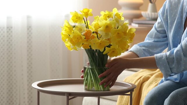 Woman arranging vase with daffodil flowers onto table indoors, closeup