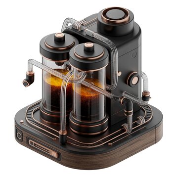 Intricate steampunk-style coffee maker with glass tubes and metallic details on a white background.