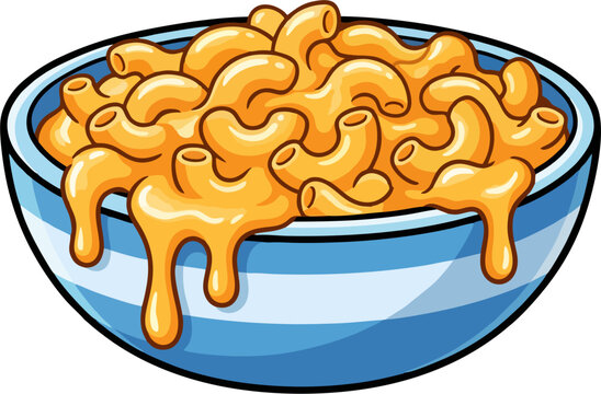 Cheesy Macaroni and Cheese in Blue Striped Bowl Cartoon Vector Illustration