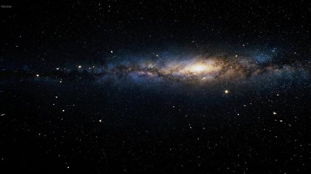 Cosmic artwork displaying a vibrant galaxy with swirling hues of blue, gold, and dark space, dotted with stars