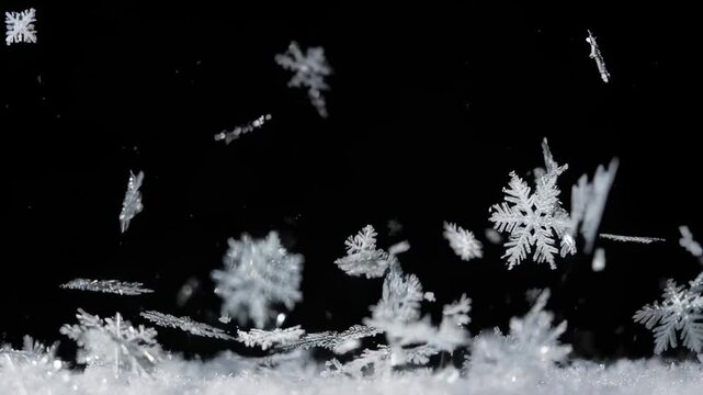 Delicate snowflakes in varying sizes drift against a stark black backdrop. Some rest on a snowy surface
