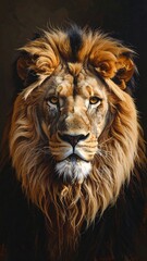 Fototapeta premium A close-up portrait of a majestic lion with a thick mane