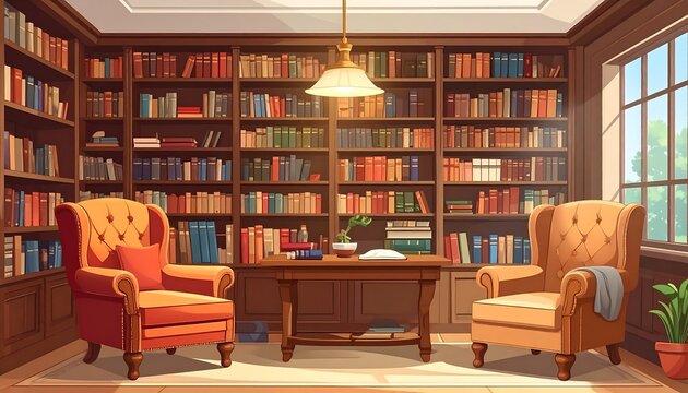 A cozy library room with two armchairs and a wooden desk