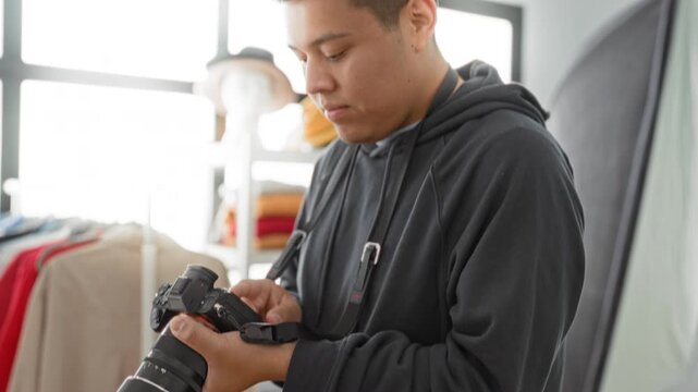 Man photographer checking camera touchscreen and adjusting settings in studio with clothing rack, mannequin and softbox visible; concentration.