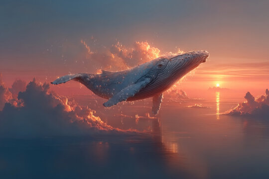 Flying whale above ocean at sunset surreal fantasy dreamscape illustration