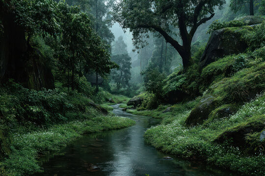 Lush green forest with river stream misty nature landscape background