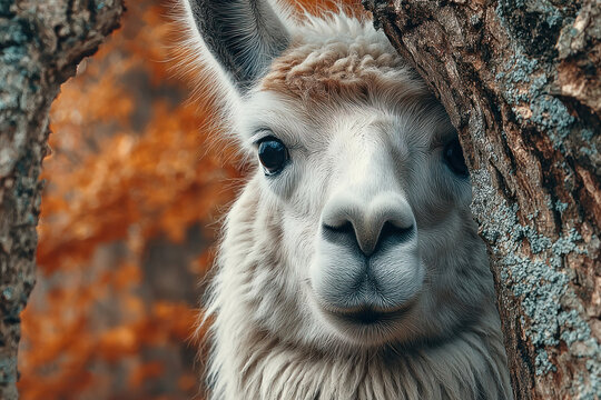 Cute alpaca portrait close up in autumn forest animal photography