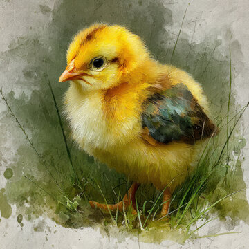 Cute baby chick standing in grass watercolor illustration on textured background