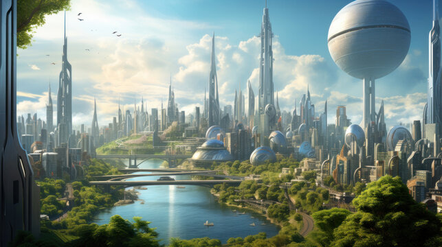 Futuristic eco city skyline with advanced architecture and green sustainable urban landscape