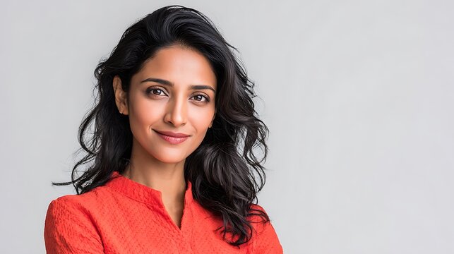 Confident indian woman smiling in a red patterned top for a high resolution commercial studio portrait featuring sharp focus and professional lighting