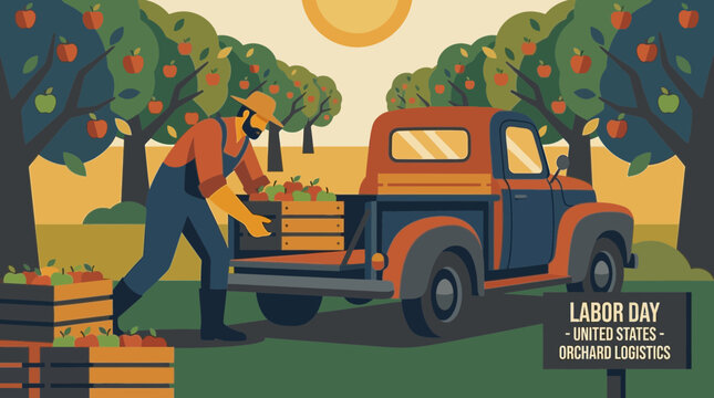 Apple Orchard Harvest for Labor Day Flat Illustration