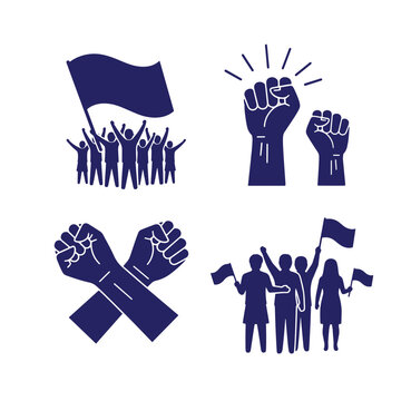 Protest movement symbols with raised fists and waving flags  activism and solidarity icons