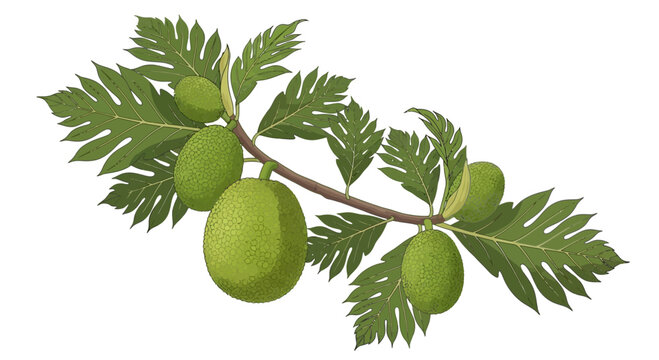 Breadfruit Tree Branch with Leaves and Young Fruits