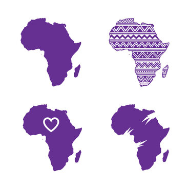 Purple African continent maps with various designs on white background
