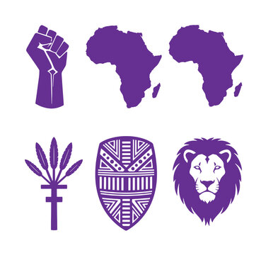 Purple African symbols and icons including fist shield lion head and continent maps