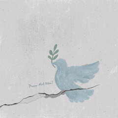 Peace dove with olive branch doodle line childish style painted on old cement wall grain texture have blank space. © Wasitt