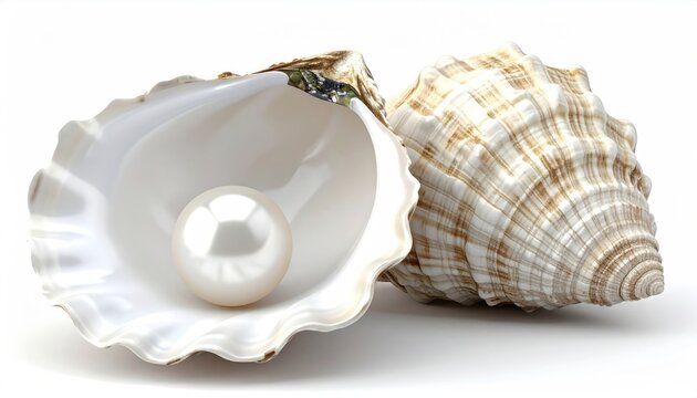 A lustrous pearl nestled inside a pristine oyster shell with a seashell in the background.