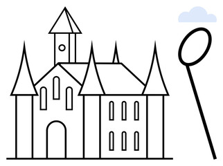 Naklejka premium Architecture, fantasy, storytelling, history, travel, and design inspiration. An outlined medieval castle with tall spires and a balloon near a cloud. Architecture and fantasy