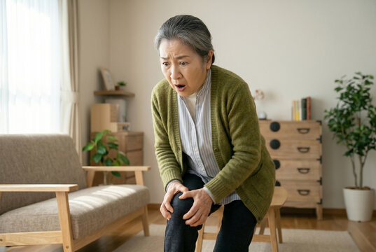 膝の痛みに苦しむ高齢女性 室内 リビング シニア 関節痛 健康被害 Generative AI