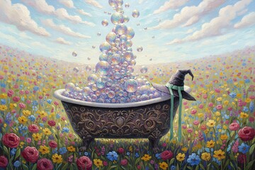 Naklejka premium An ornate clawfoot bathtub standing in the middle of a flower filled meadow Instead of water the tub is overflowing with iridescent rainbow colored bubbles that float upward like tiny crystal ball