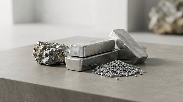 Lingots de m&eacute;tal brut avec granul&eacute;s illustrant mati&egrave;re industrielle