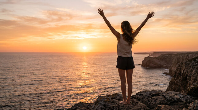 Personne levant les bras face au coucher de soleil sur la plage