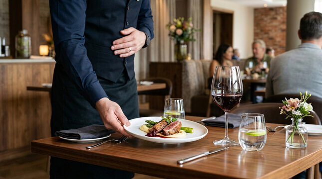 Service de restaurant avec serveur apportant un plat gastronomique
