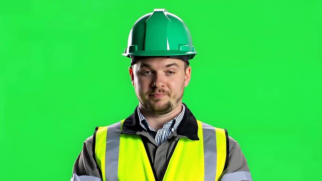 Male industrial worker or builder in green hard hat and high-visibility vest on a green screen background, looking at camera.