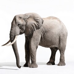 Fototapeta premium A majestic African elephant stands in a full body view against a stark white background, showcasing its impressive tusks and weathered skin