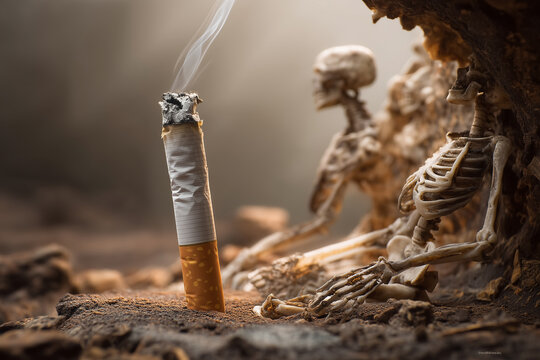 Dramatic conceptual image showing the deadly danger of tobacco. Smoking leads to death and serious health problems. Dark and moody tone.