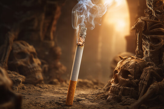 Dramatic conceptual image showing the deadly danger of tobacco. Smoking leads to death and serious health problems. Dark and moody tone.