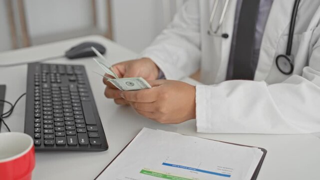 Man doctor counting dollar bills with hands at desk near keyboard and stethoscope in building; financial ethics concern.