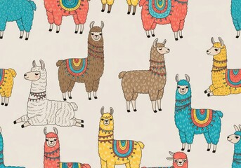 Fototapeta premium Colorful llamas with decorative saddles are arranged in a repeating pattern on a light background.