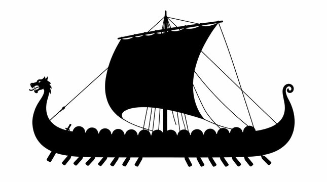 Silhouette Of A Traditional Viking Longship With Dragon Prow And Square Sail Isolated On White Background