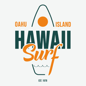 Modern Hawaii surf design featuring bold typography, sun and wave elements, with &ldquo;Oahu Island Hawaii Surf&rdquo; text in a clean tropical style.