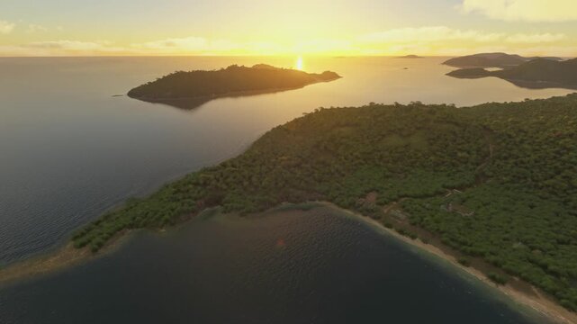 Sunset aerial view of Anse Lazio Beach Coast in Praslin island. Seychelles