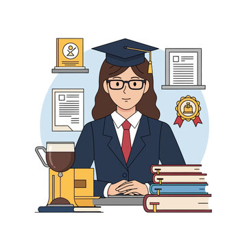Flat vector illustration of a professional female school principal or academic administrator wearing a mortarboard, suit, and glasses, seated at a desk with books, trophy and certificates.