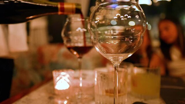 A waiter pours red wine from bottle into glass at table with candle light in luxurious restaurant setting.