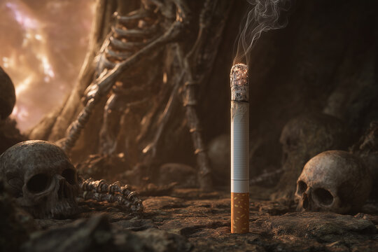 Dramatic conceptual image showing the deadly danger of tobacco. Smoking leads to death and serious health problems. Dark and moody tone.