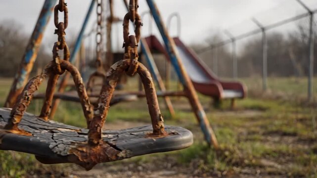 Detailed view of a heavily rusted swing set with flaking paint at an abandoned playground, featuring a slide and security fence with barbed wire in a desolate outdoor setting.