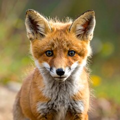 Obraz premium A curious young fox with orange fur and white markings looks directly at the camera