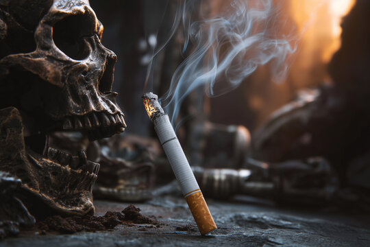 Dramatic conceptual image showing the deadly danger of tobacco. Smoking leads to death and serious health problems. Dark and moody tone.