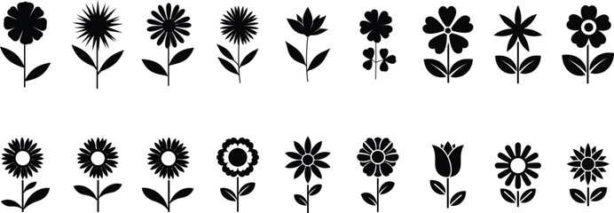 Fototapeta premium Collection Of Black Flower Silhouettes On White Background, Minimalist Flower Icon Set Vector Silhouettes.