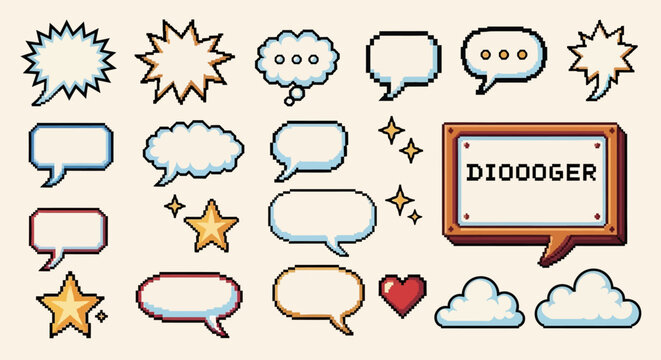 Set of pixel art speech bubbles, stars, heart and cloud shapes. Retro game style dialogue box and elements. Modern vector illustration